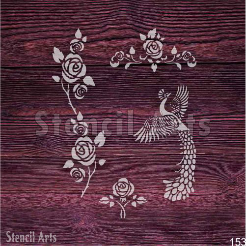 Dekoratif Duvar ve Kumaş Boyama için Klasik Güller ve Tavus Kuşu Şablonu