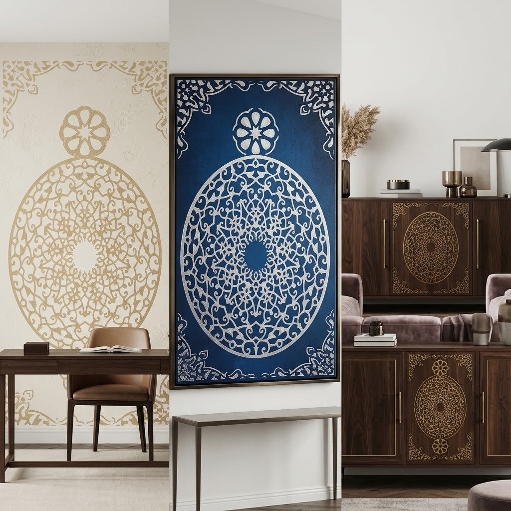 Oval Filigree Medallion Carpet Stencil – Arabic Arabesque & Rosette Pattern for Floors, Furniture & Walls