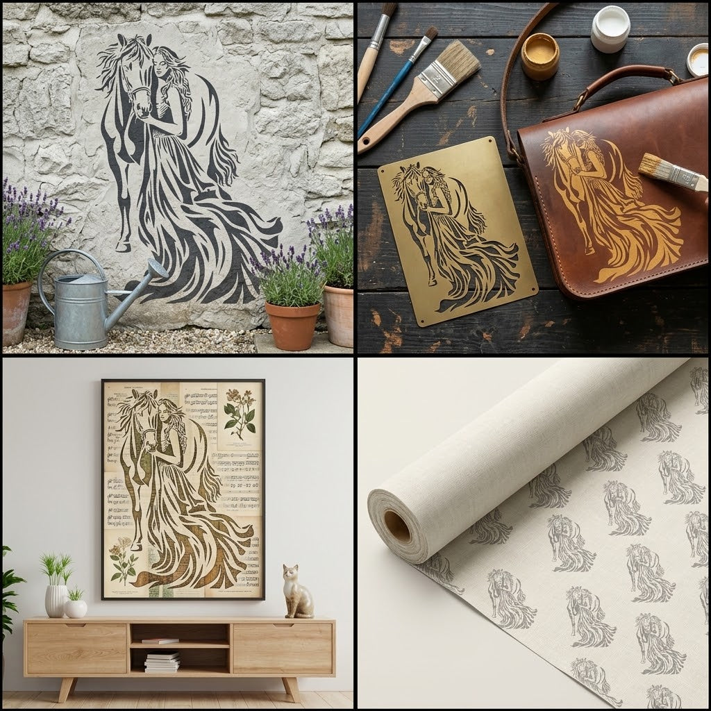 Woman and Horse Stencil – Reusable Equestrian Wall Art Template