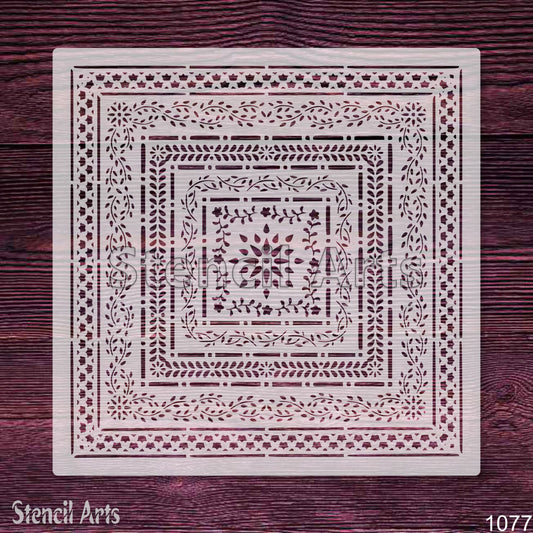 Concentric Botanical Border Square Stencil – Multi-Layer Floral Vine Frame for Floors, Tables & Crafts
