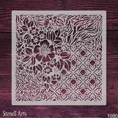 Floral Lattice Fusion Stencil – Botanical Blossom & Diamond Trellis Pattern for Walls, Furniture & Crafts