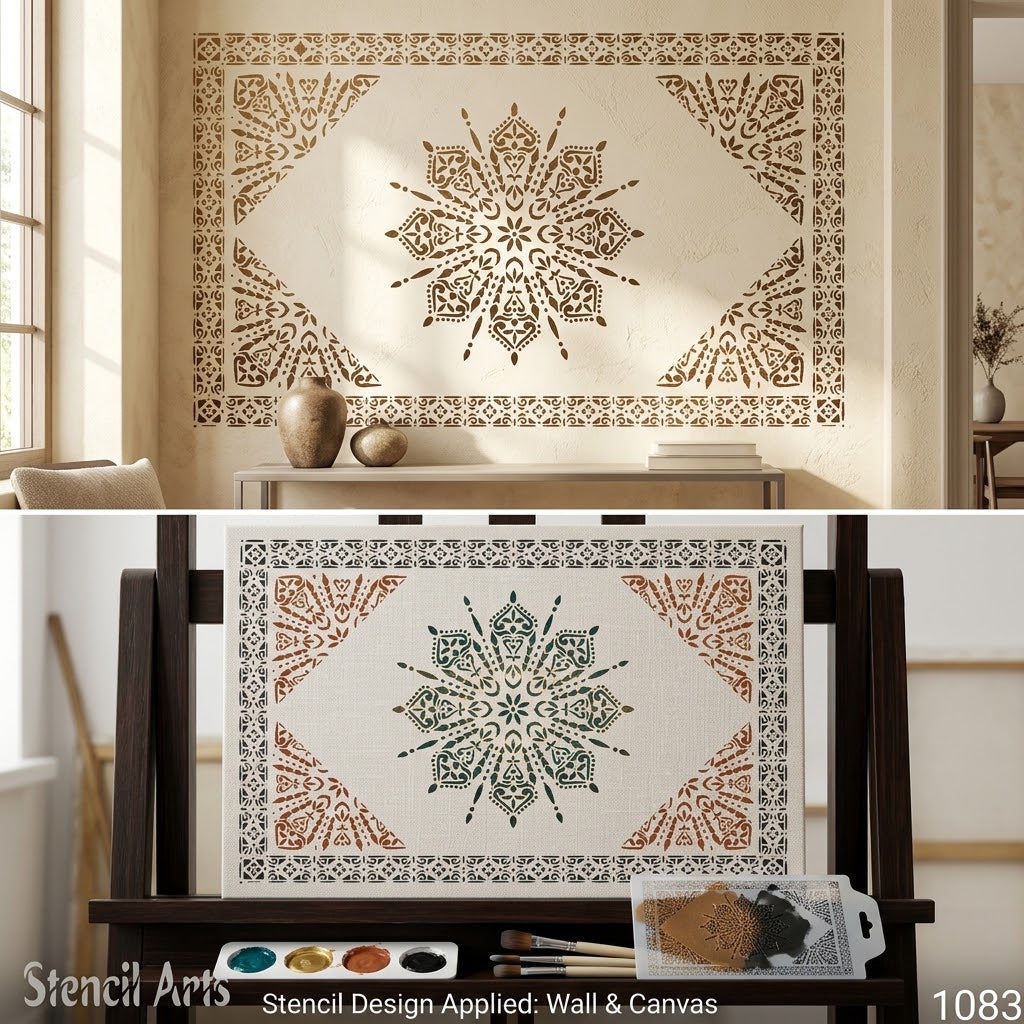 Radiant Mandala Medallion Carpet Stencil – Sunburst Pattern & Decorative Border for Floors, Furniture & Walls