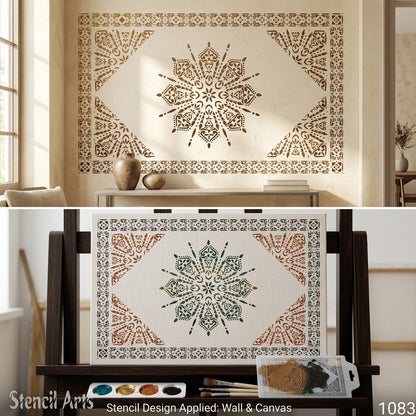 Radiant Mandala Medallion Carpet Stencil – Sunburst Pattern & Decorative Border for Floors, Furniture & Walls