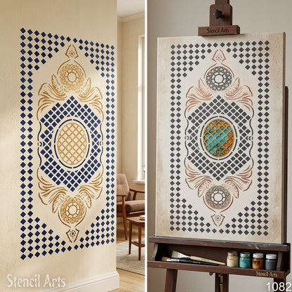 Geometric Diamond Lattice Carpet Stencil – Baroque Medallion & Scrollwork Pattern for Floors, Furniture & Walls