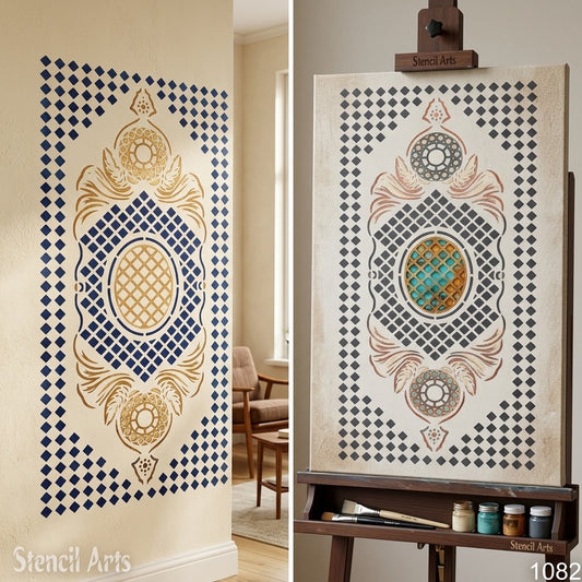 Geometric Diamond Lattice Carpet Stencil – Baroque Medallion & Scrollwork Pattern for Floors, Furniture & Walls