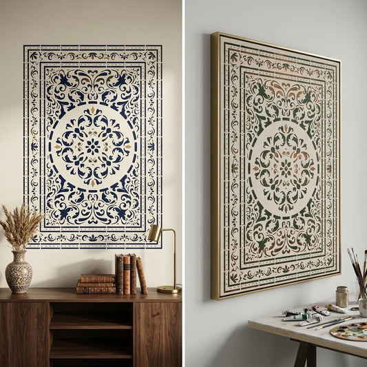Oval Medallion Stencil with Damask Scrollwork – Vintage Carpet Border Template