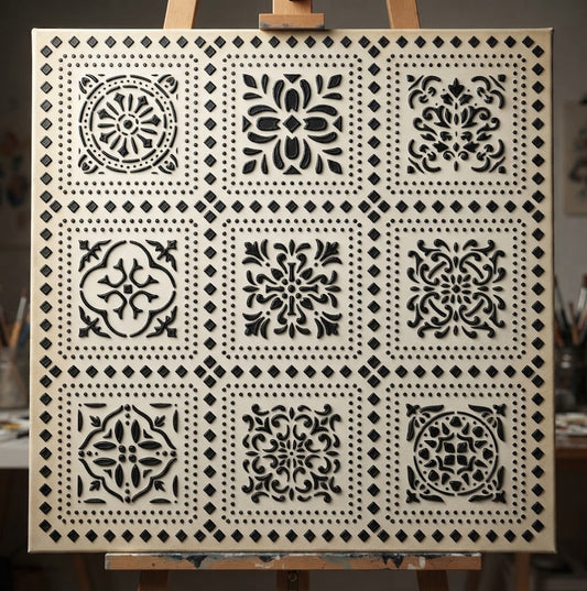 Vintage Azulejo Tile Grid Stencil – Moroccan & Spanish Talavera Mosaic Pattern for Floors, Walls & Furniture