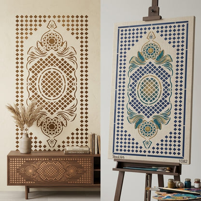 Geometric Diamond Lattice Carpet Stencil – Baroque Medallion & Scrollwork Pattern for Floors, Furniture & Walls