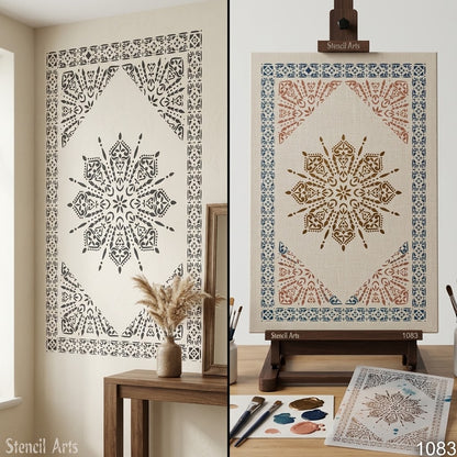 Radiant Mandala Medallion Carpet Stencil – Sunburst Pattern & Decorative Border for Floors, Furniture & Walls