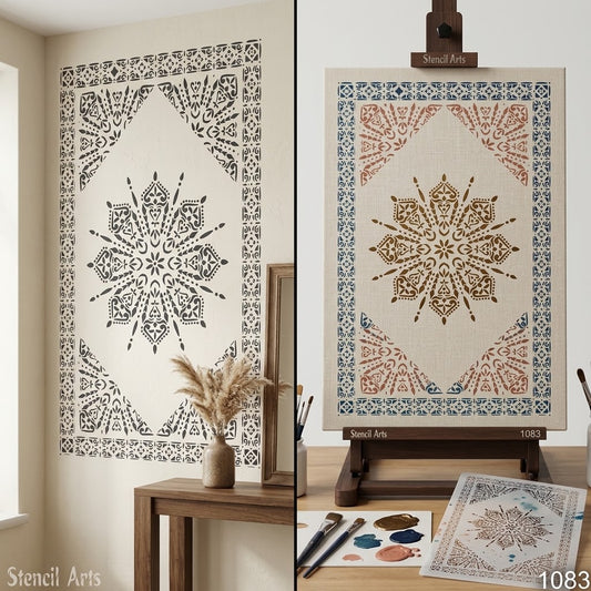 Radiant Mandala Medallion Carpet Stencil – Sunburst Pattern & Decorative Border for Floors, Furniture & Walls