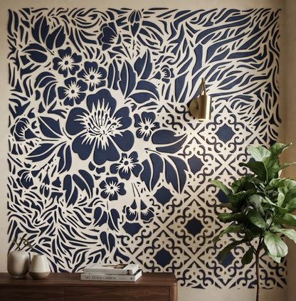 Floral Lattice Fusion Stencil – Botanical Blossom & Diamond Trellis Pattern for Walls, Furniture & Crafts