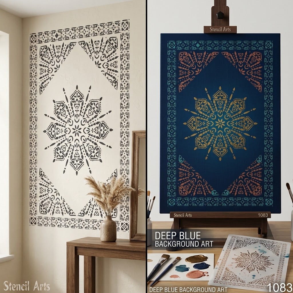 Radiant Mandala Medallion Carpet Stencil – Sunburst Pattern & Decorative Border for Floors, Furniture & Walls