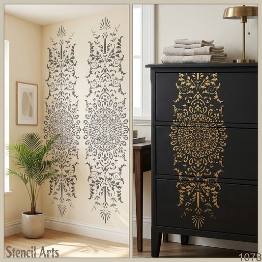 Vintage Damask Medallion Vertical Stencil – Ornate Scrollwork & Filigree Crest Panel for Furniture, Walls & Borders